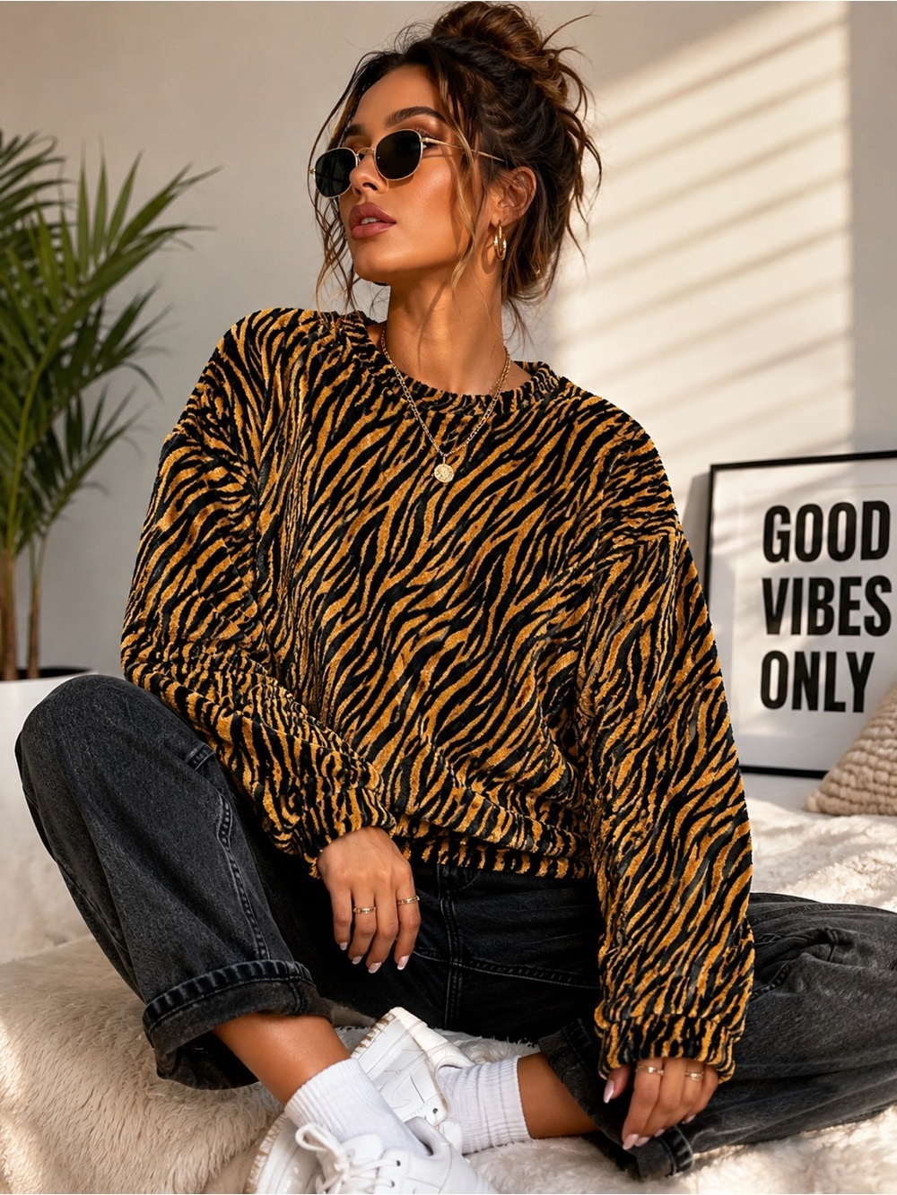 ♻️ Carisma Tiger Print Plush Fleece Pullover Sweater Med | Cozy Animal Prin{em}